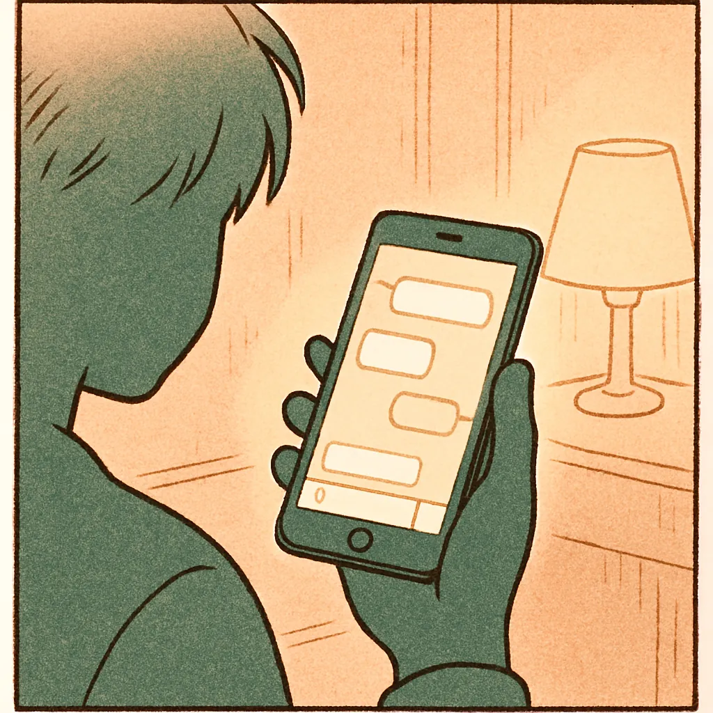 スマホを持つ後頭部。チャット画面が光っている。