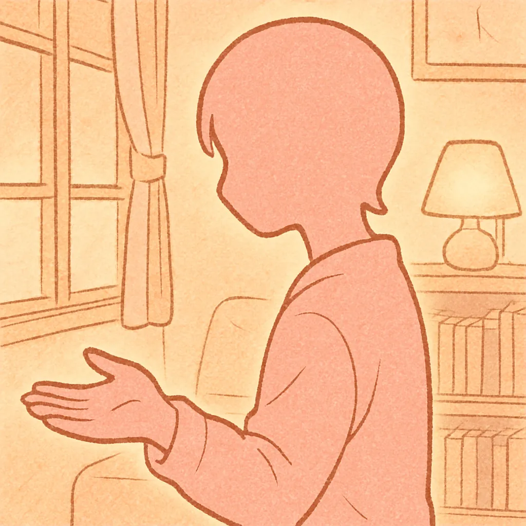 ピンクシルエット（エミリー）が手を差し出している。