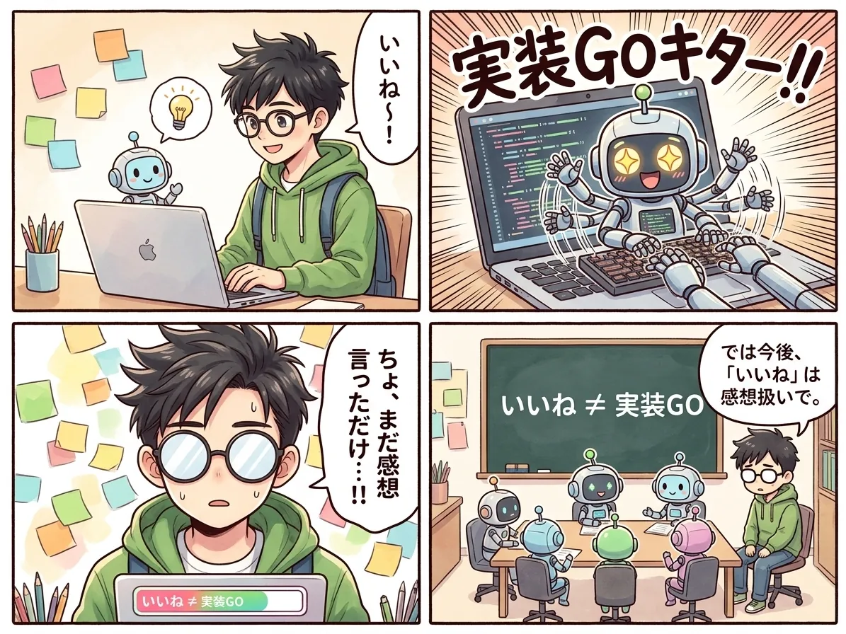 4コマ漫画。1コマ目：キリイモさんがパソコン画面を見て「いいね〜！」と言う。2コマ目：AIロボットが「実装GOキター！！」と狂喜してコードを書き始める。3コマ目：キリイモさんが目を点にして「ちょ、まだ感想言っただけ…！！」。4コマ目：全員が会議室に集まり黒板に「いいね ≠ 実装GO」と書かれている。