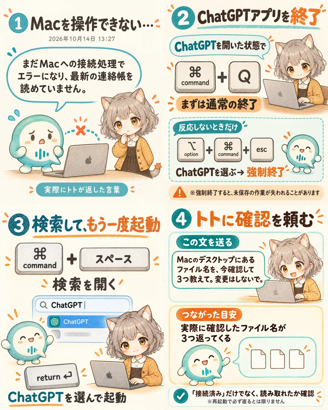 4コマ漫画。1：トトが「まだMacへの接続処理でエラーになり、最新の連絡帳を読めていません。」と返し、キリイモさんが困っている。2：ChatGPTアプリを command＋Q で通常終了。反応しないときだけ option＋command＋esc で強制終了。3：command＋スペースで検索を開き、ChatGPTを選んで起動。4：トトに確認の文を送り、ファイル名が3つ返ってきたらつながった目安。
